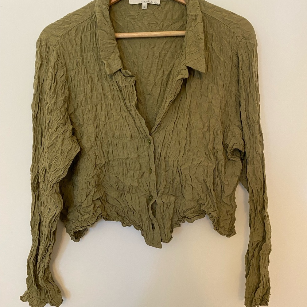 Olive Green Crinkle Button Down Shirt